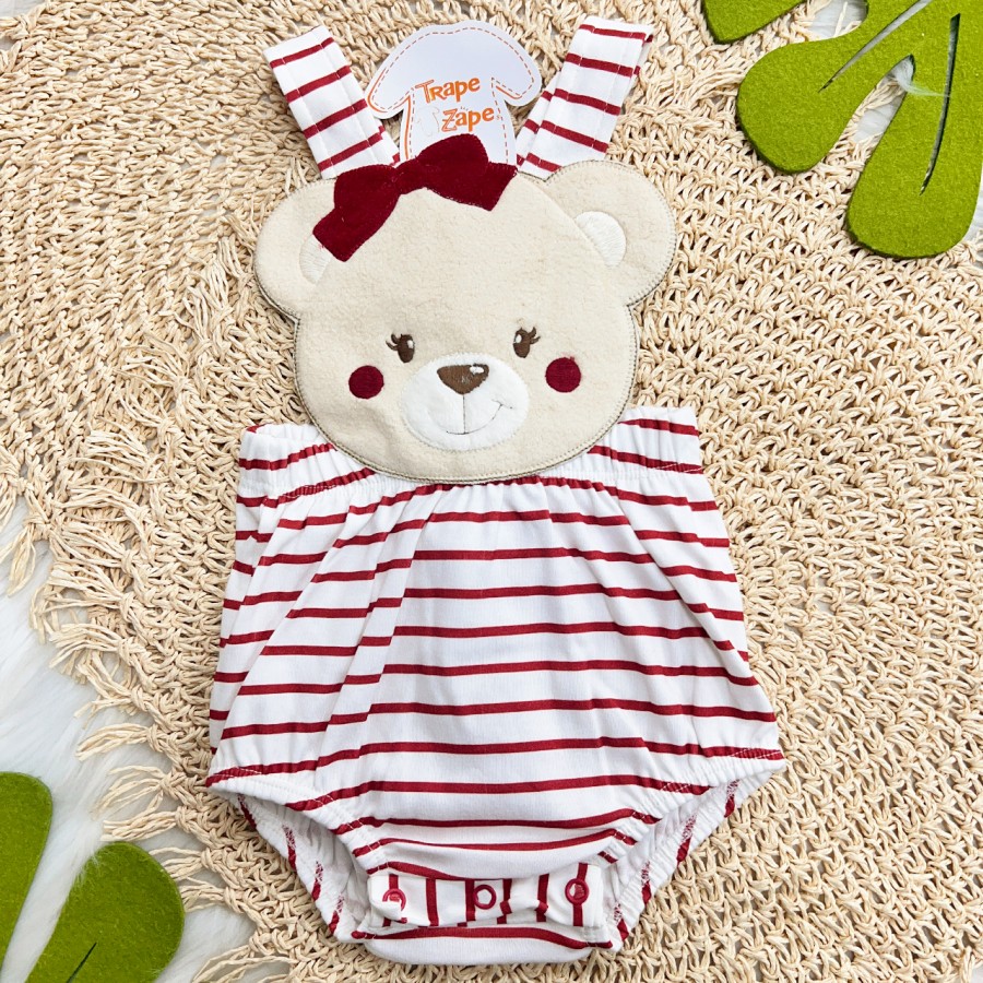 Banho de Sol Bordado - Ursinha de Lacinho - Vermelho e Off White